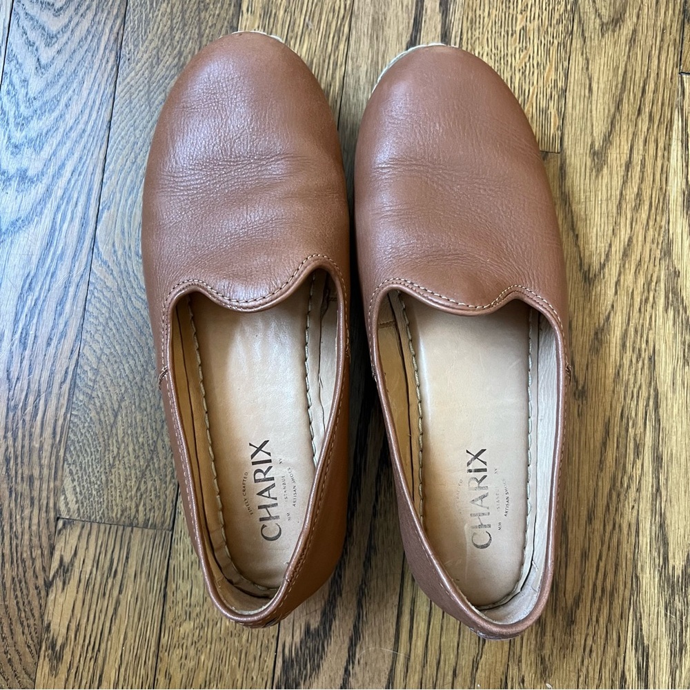 Charix Handmade slip on flats shoes loafers leather camel tan brown 40